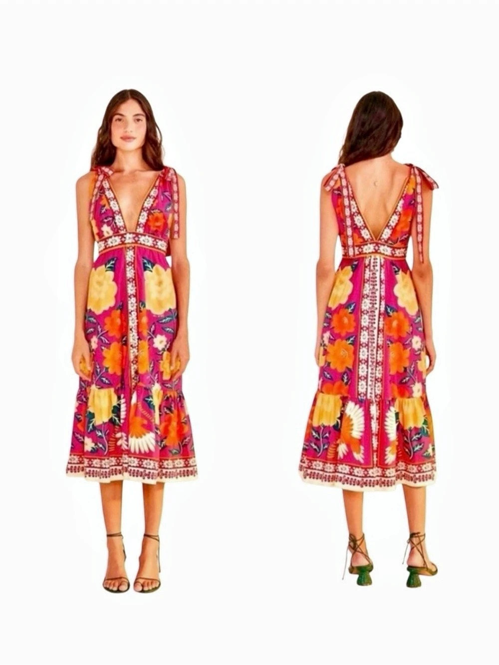 Farm Rio Pink Mosaic Gardens Midi Dress Pink & Orange Small